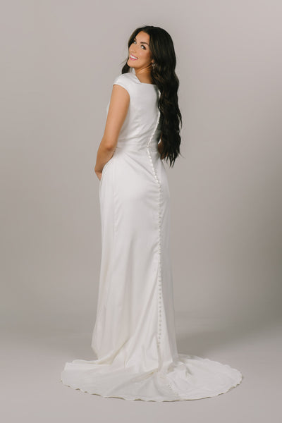This is a back shot of a modest wedding dress with buttons along the back.