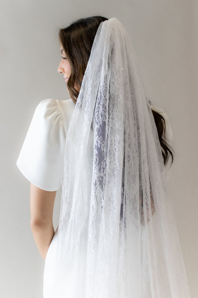 This is a white lace cathedral veil with sparkle details and soft lace.