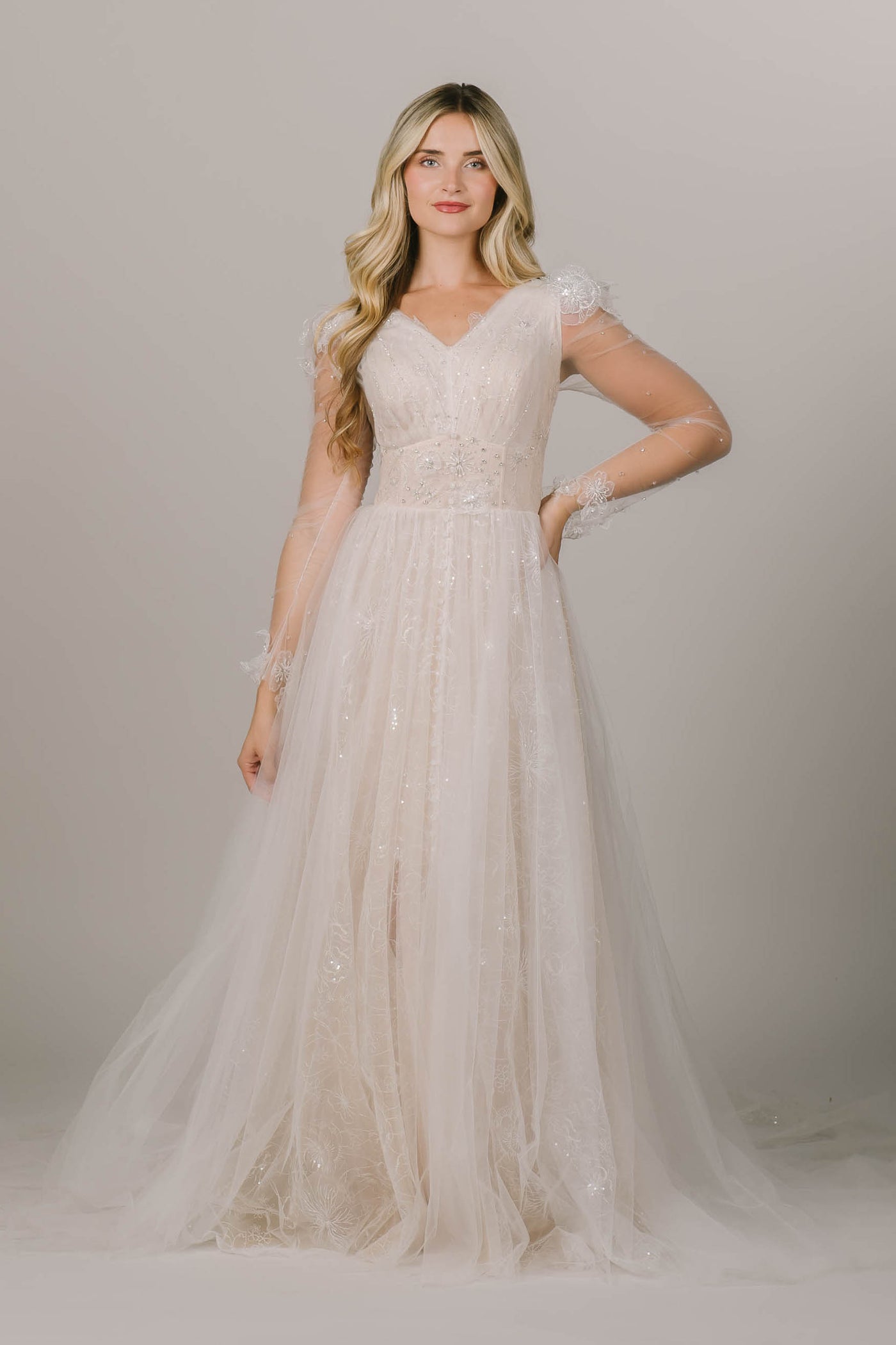 This is a princess modest wedding dress with sheer sleeves and a sparkly  layer on the skir.