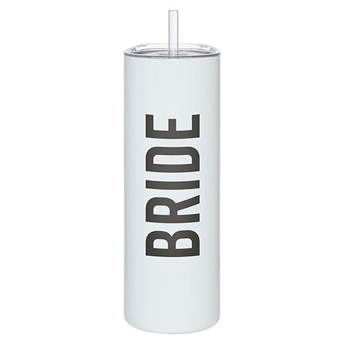 A white tumbler with the word 'Bride' on the front with black, bold letters. Complete with a lid and straw.