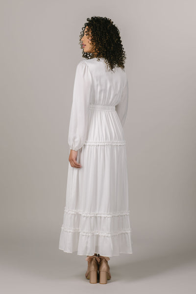 This is  a long sleeve modest temple dress for those who are a part of the LDS faith.