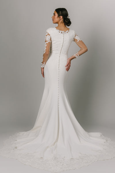 The Modest Wedding Dress of your dreams! Featuring Long Sleeves, an illusion neckline, and fitted style. - Modest Clothing - Modest Wedding Dresses - Modest Dresses - LatterDayBride