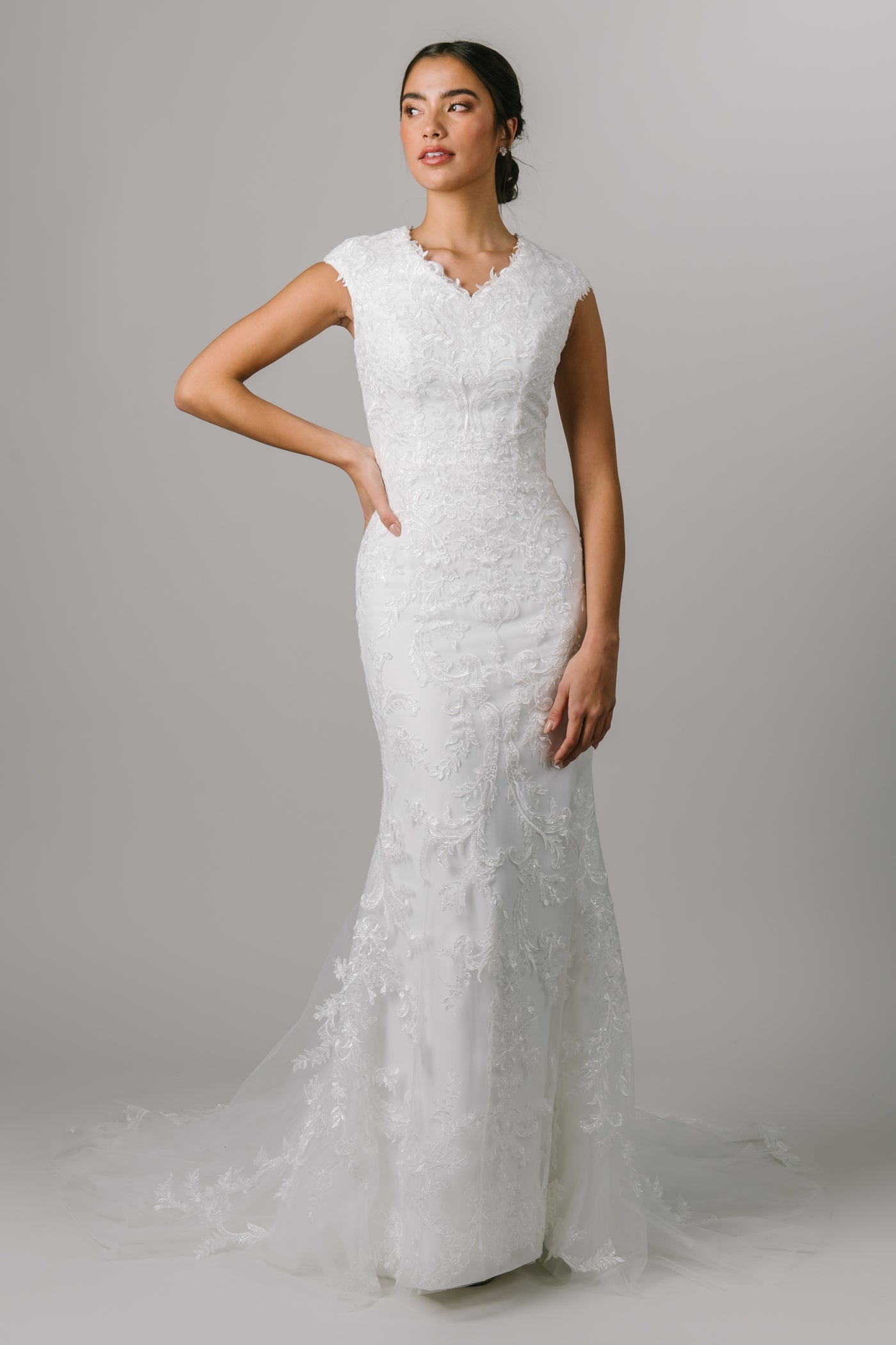 This fitted Modest Wedding Dress shows off with a V-neck, fitted silhouette and sparkle lace. - Modest Wedding Dress - Modest Clothing -  LatterDayBride