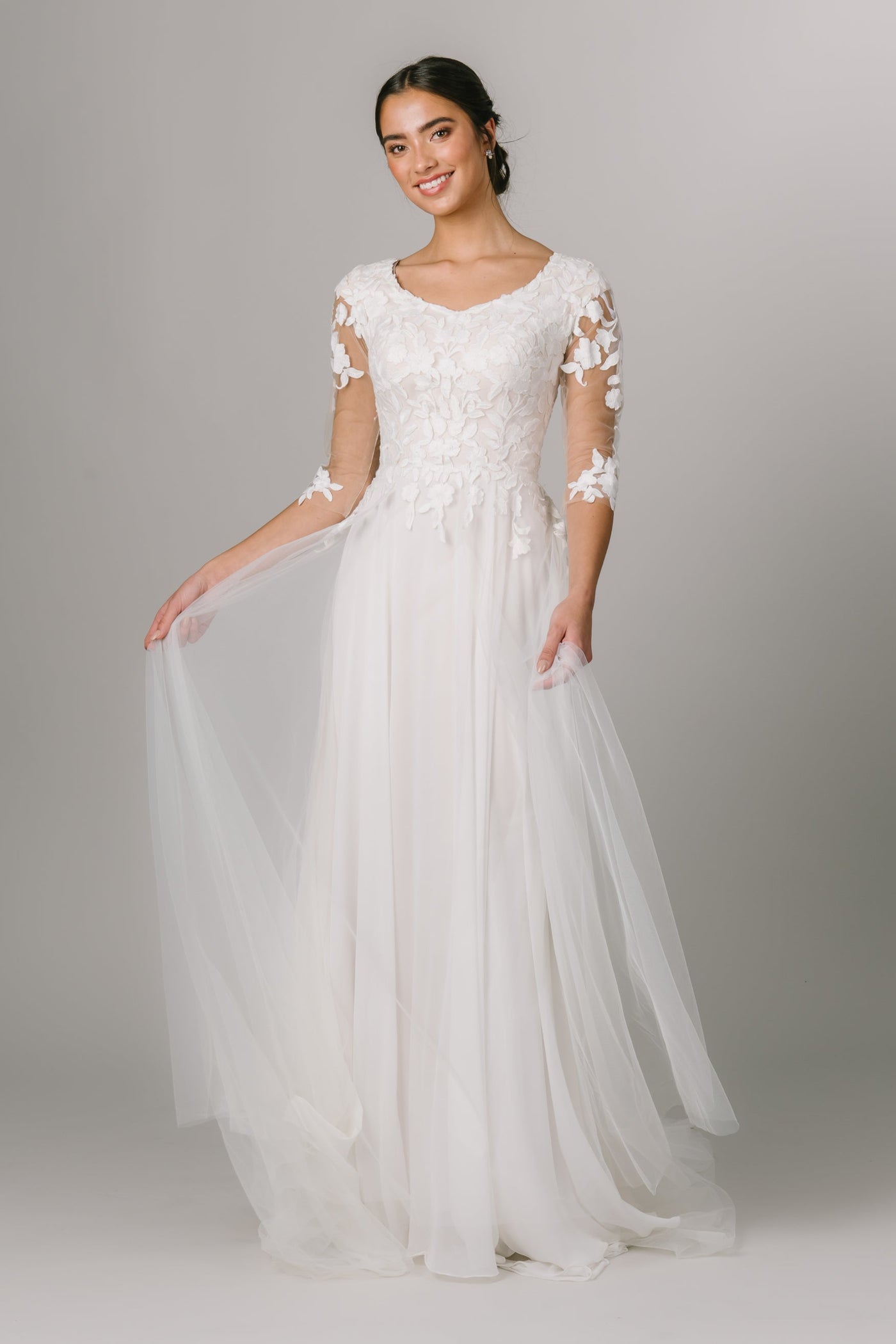 This Modest Wedding Dress features illusion sleeves, a soft V-neckline and an A-line skirt. - Modest Wedding Dresses - Modest Dresses - Modest Clothing - LatterDayBride