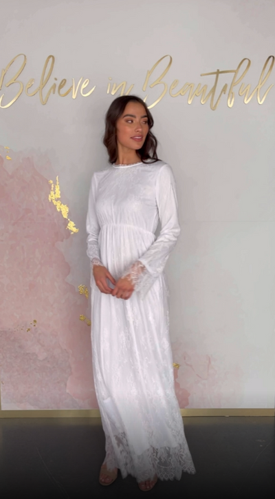 A video featuring our Columbus Temple dress and its delicate full-lace detailing.
