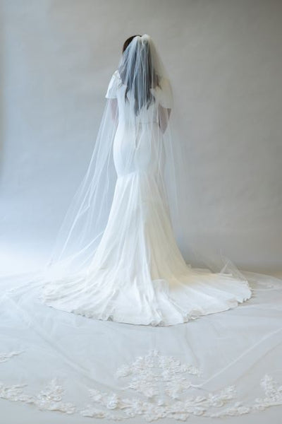A full body shot from the back of a cathedral length bridal veil with detailed lace spread behind the train of a wedding gown. The lace lines the edge of the veil and comes trailing up the center of the veil.