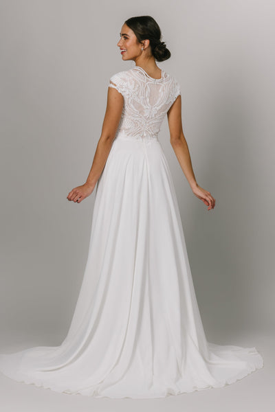 This Modest Wedding Dress features short sleeves, a unique neck line and lace bodice. - Modest Wedding Dresses - Modest Clothing - Modest Dresses 