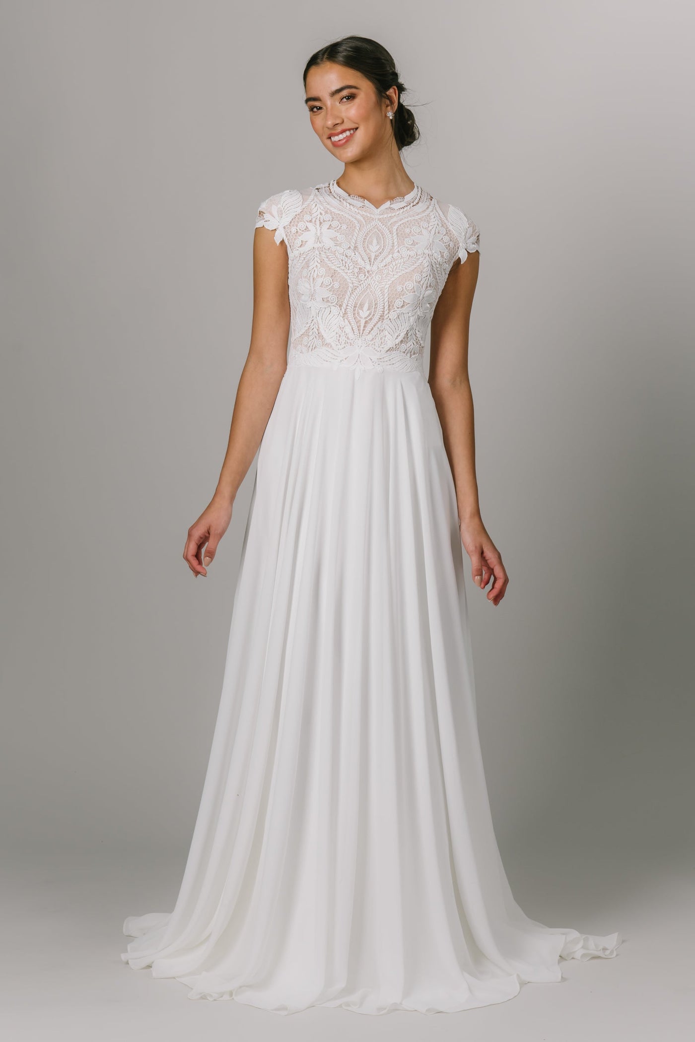 This Modest Wedding Dress features short sleeves, a unique neck line and lace bodice. - Modest Wedding Dresses - Modest Clothing - Modest Dresses 