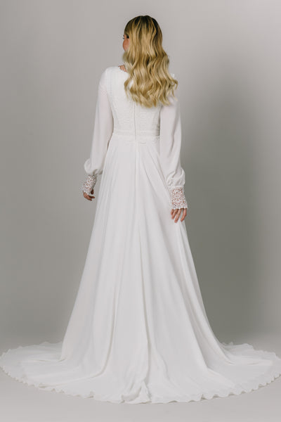 This Modest Wedding Dress features bishop sleeves, a lace bodice and A-line skirt. - Modest Wedding Dresses - Modest Dresses - Modest Clothing - LatterDayBride
