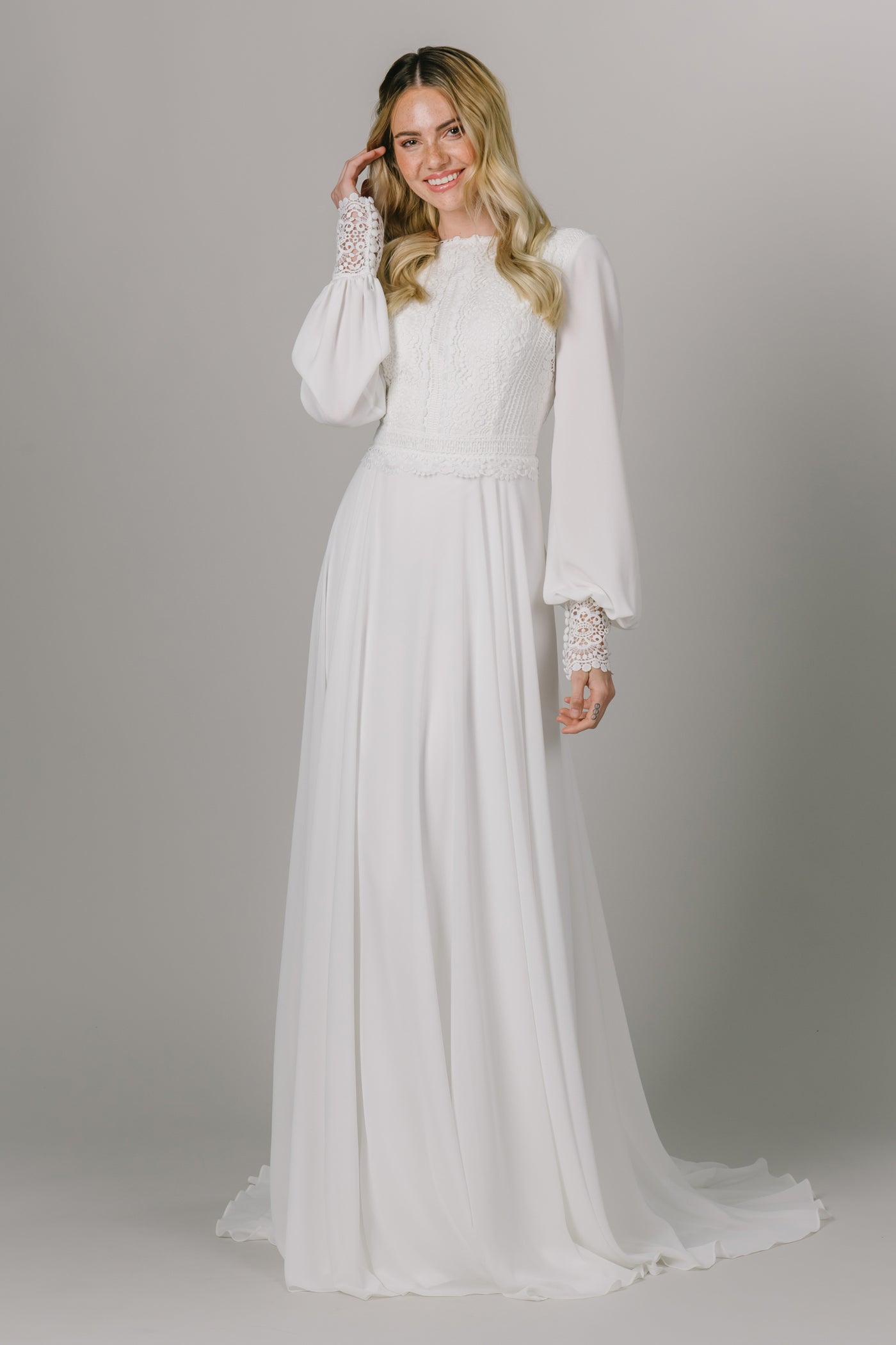 This Modest Wedding Dress features bishop sleeves, a lace bodice and A-line skirt. - Modest Wedding Dresses - Modest Dresses - Modest Clothing - LatterDayBride