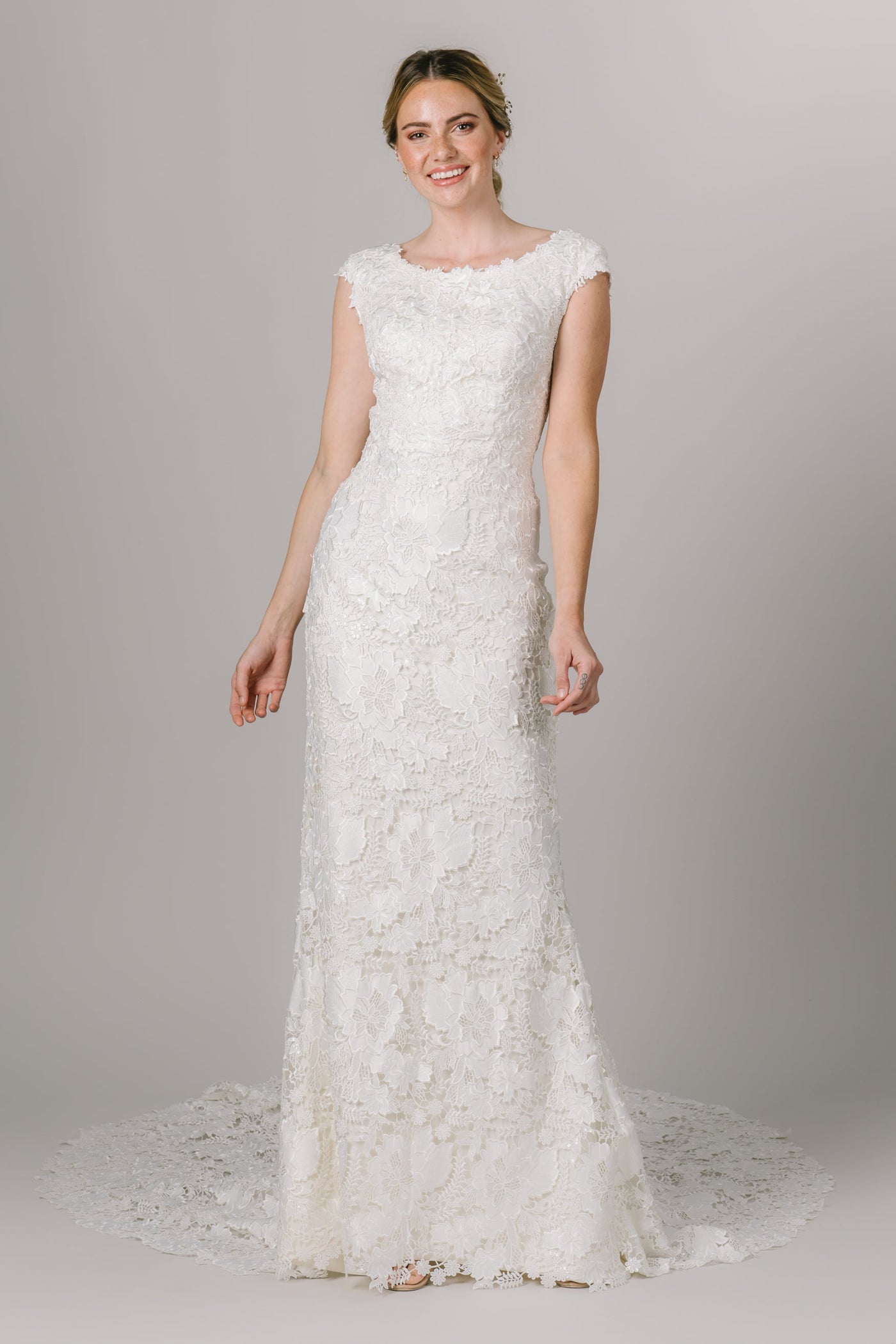 This Modest Wedding Dress features short sleeves, a round neck and an  all over lace. - Modest Wedding Dresses - Modest Clothing - Modest Dresses - LatterDayBride