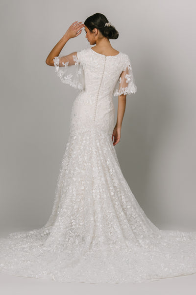 This Modest Wedding Dress features a square neckline, flutter sleeves and a beading throughout. - Modest Clothing - Modest Wedding Dresses - Modest Dresses - LatterDayBride
