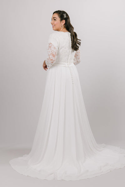 Back of Modest chiffon wedding dress,, style Haven, is part of the Wedding Collection of LatterDayBride, a Salt Lake City bridal store.