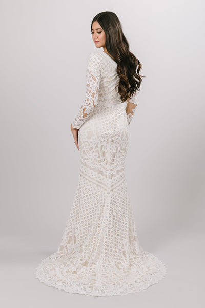 Lace wedding gown with long sleeves, style Lorna, is part of the Wedding Collection of LatterDayBride, a Salt Lake City bridal shop.