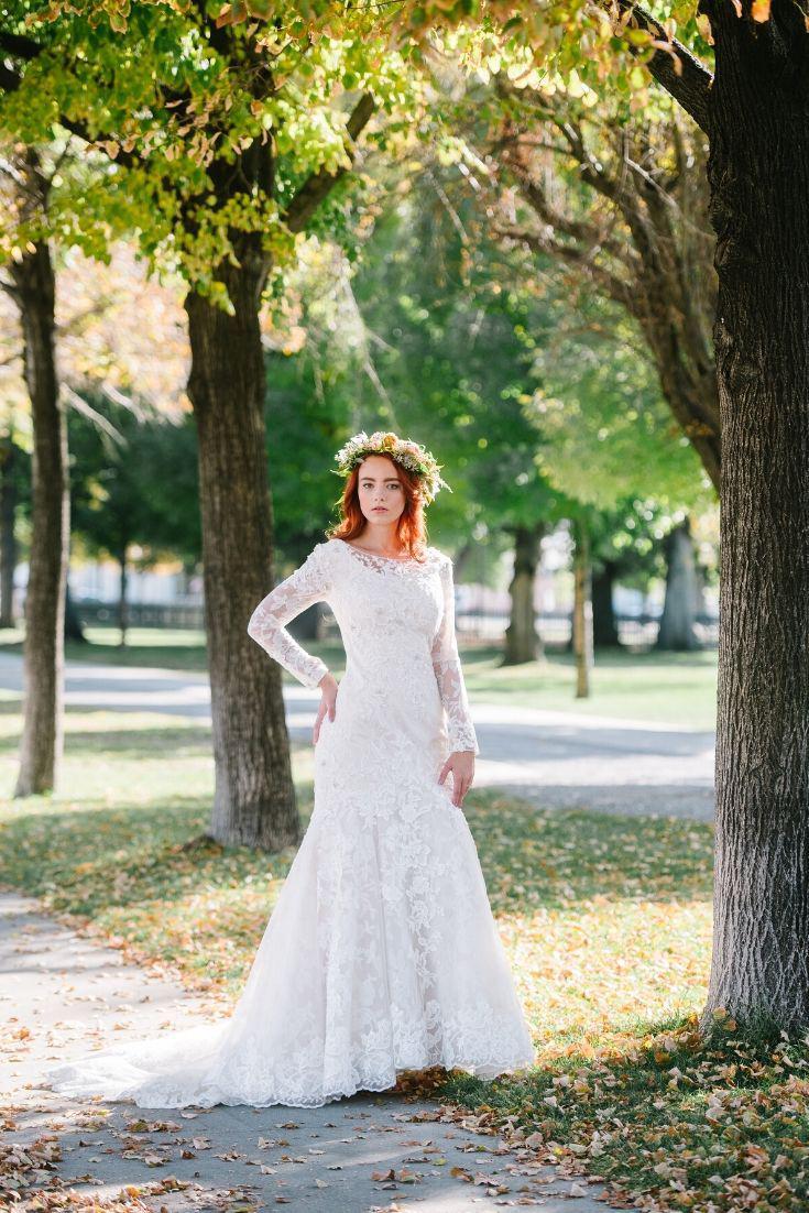 Mermaid modest wedding dress with long sleeves from LatterDayBride, a modest bridal shop in Salt Lake City, Utah.