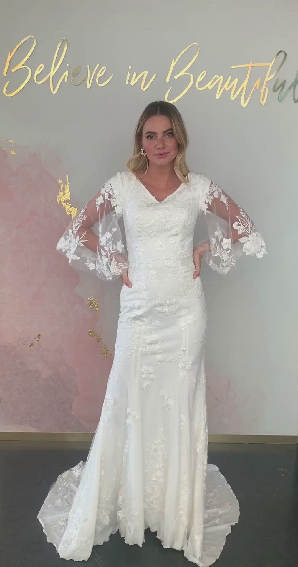 A video featuring our Maisie wedding dress and its trendy boho flutter sleeves, subtle fit and flare silhouette, and V-neckline.