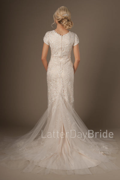 Back of Modest fit and flare wedding gown, style Enchancia, is part of the LatterDayBride Collection, a Utah bridal shop.