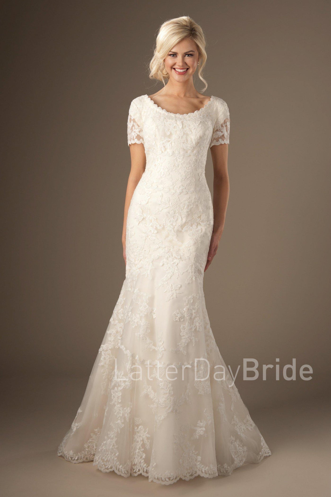 Timeless look modest wedding gown, style Rosemary, is part of the Wedding Collection of LatterDayBride, a Utah Wedding Shop. 