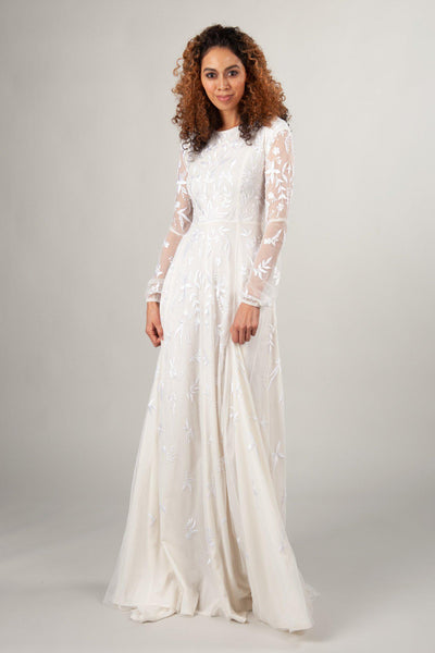 long sleeve modest wedding dresses in ivory at LatterDayBride, a wedding dress shop in SLC