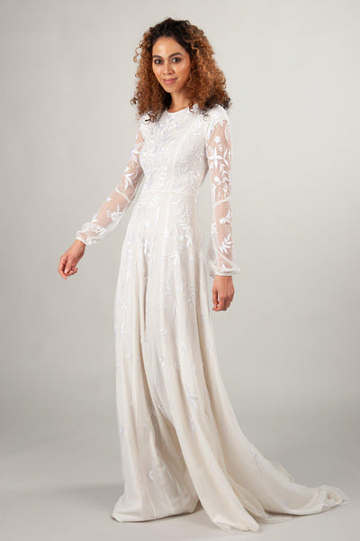long sleeve modest wedding dresses with embroidery and flowing skirt, the Lindir at LatterDayBride