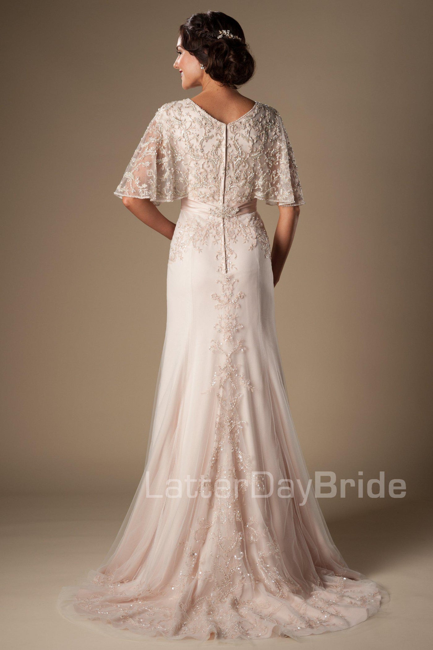 Fabulous v-neck sheath wedding dress, style Primrose, is part of the Wedding Collection of LatterDayBride, a Salt Lake City bridal store.
