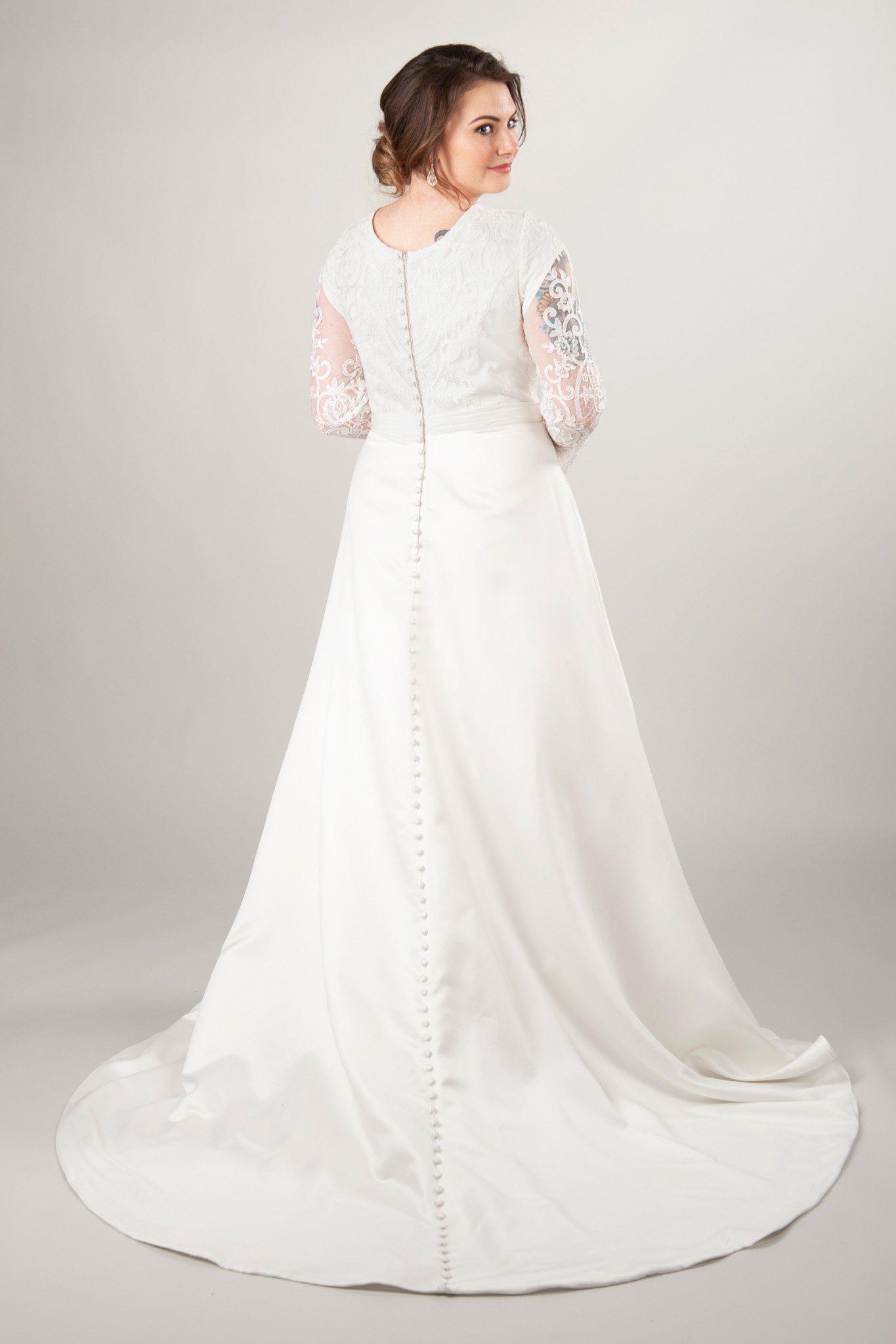 back of the Adrienne, a modest wedding dress at LatterDayBride with long lace sleeves