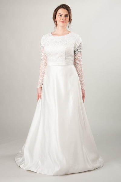 modest wedding dresses with long sleeves and satin skirt, LatterDayBride in Salt Lake City
