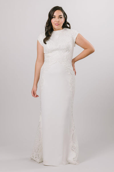 Modest Wedding dress with sparkle lace along the sides of the dress. Small train and capped sleeves. 