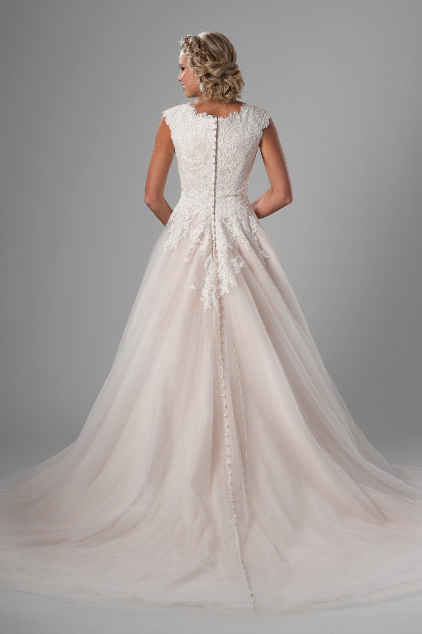 Back of Modest  ballgown, style Dakota, is part of the LatterDayBride Collection, a Salt Lake City bridal shop.