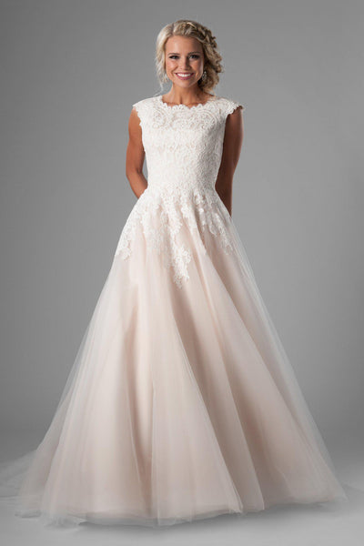 Modest  ballgown, style Dakota, is part of the LatterDayBride Collection, a Salt Lake City bridal shop.