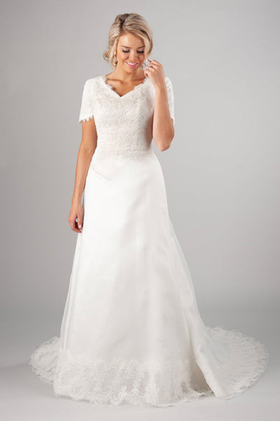 Dreamy modest wedding dress, style Jocelyn, is part of the Wedding Collection of LatterDayBride, a Salt Lake City bridal shop.