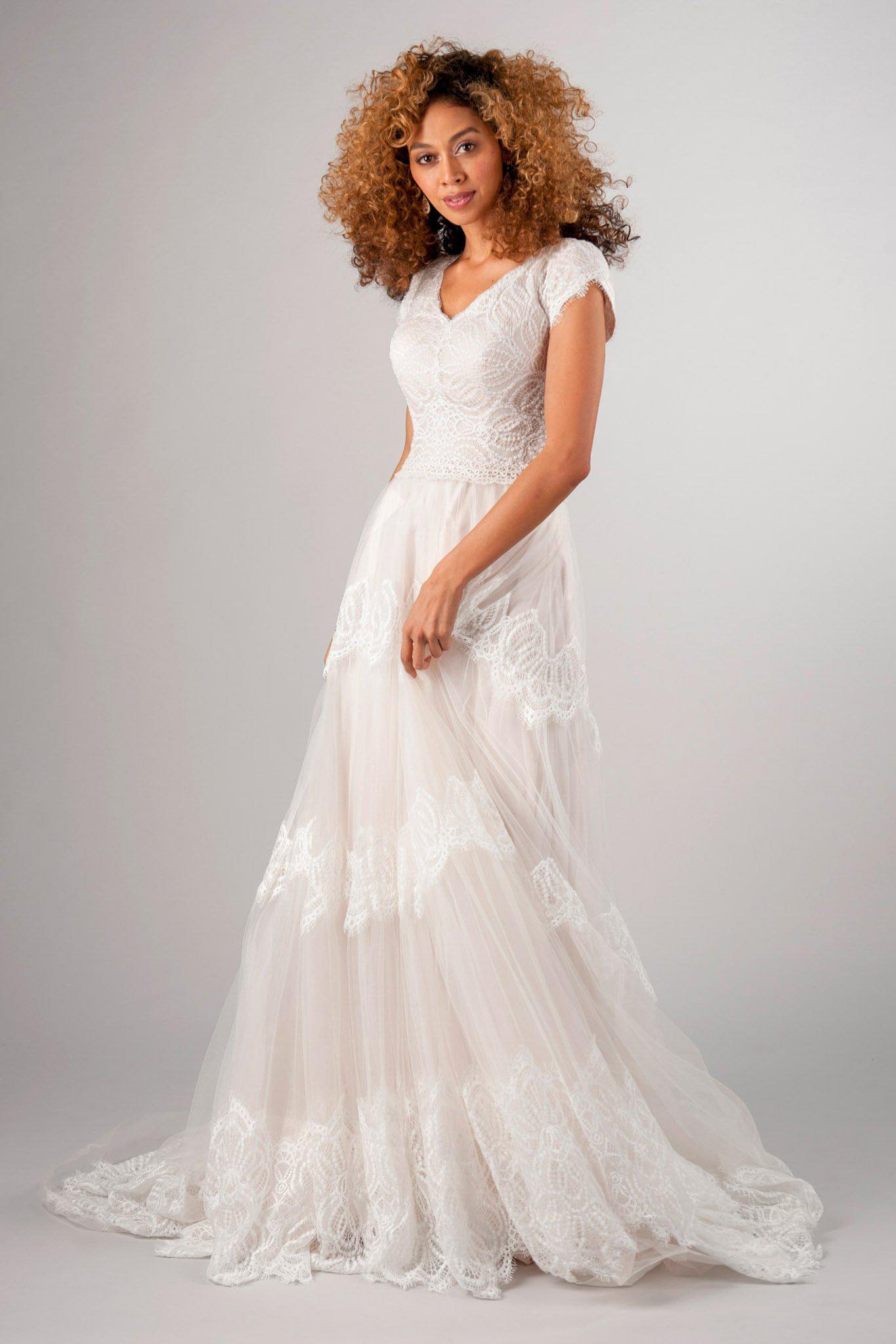 Modern modest wedding dress, style Easton, is part of the LatterDayBride Collection, a Utah wedding dresses.