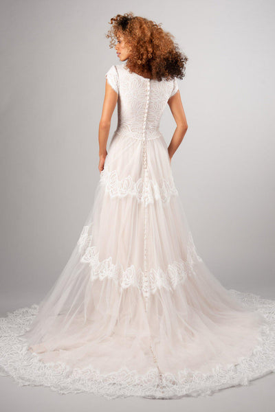 Back of Modern modest wedding dress, style Easton, is part of the LatterDayBride Collection, a Utah wedding dresses.