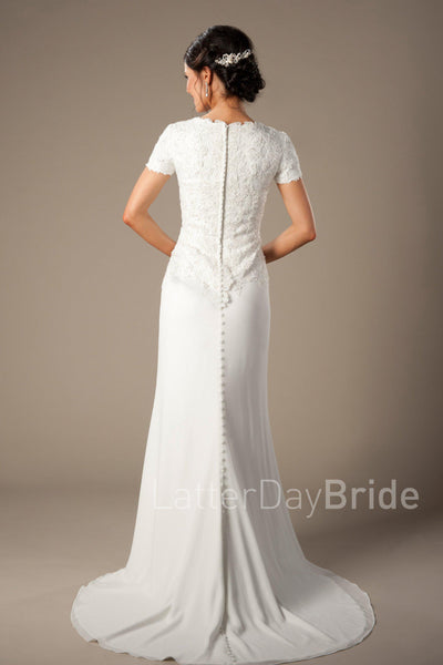  bateau lace neckline, complimented by a fitted chiffon skirt, modest utah wedding gown, back view 