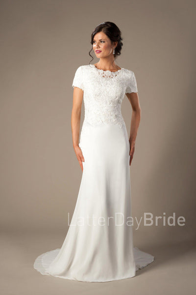  bateau lace neckline, complimented by a fitted chiffon skirt, modest utah wedding gown, front view 