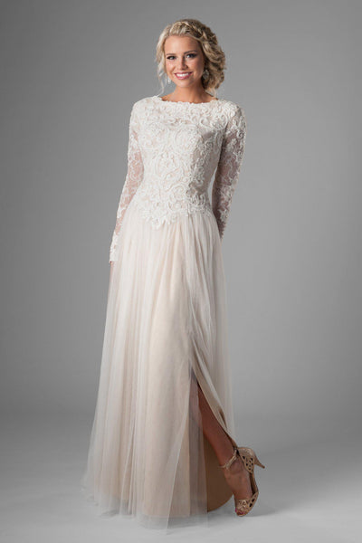 Classy and cozy modest wedding dress with full lace bodice, style Tybree, is part of the Wedding Collection of LatterDayBride, a Utah Wedding Shop. 