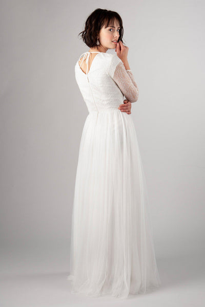 Back of Light and flowy modest wedding gown, style Wisteria, is part of the Wedding Collection of LatterDayBride, a Utah Wedding Shop. 