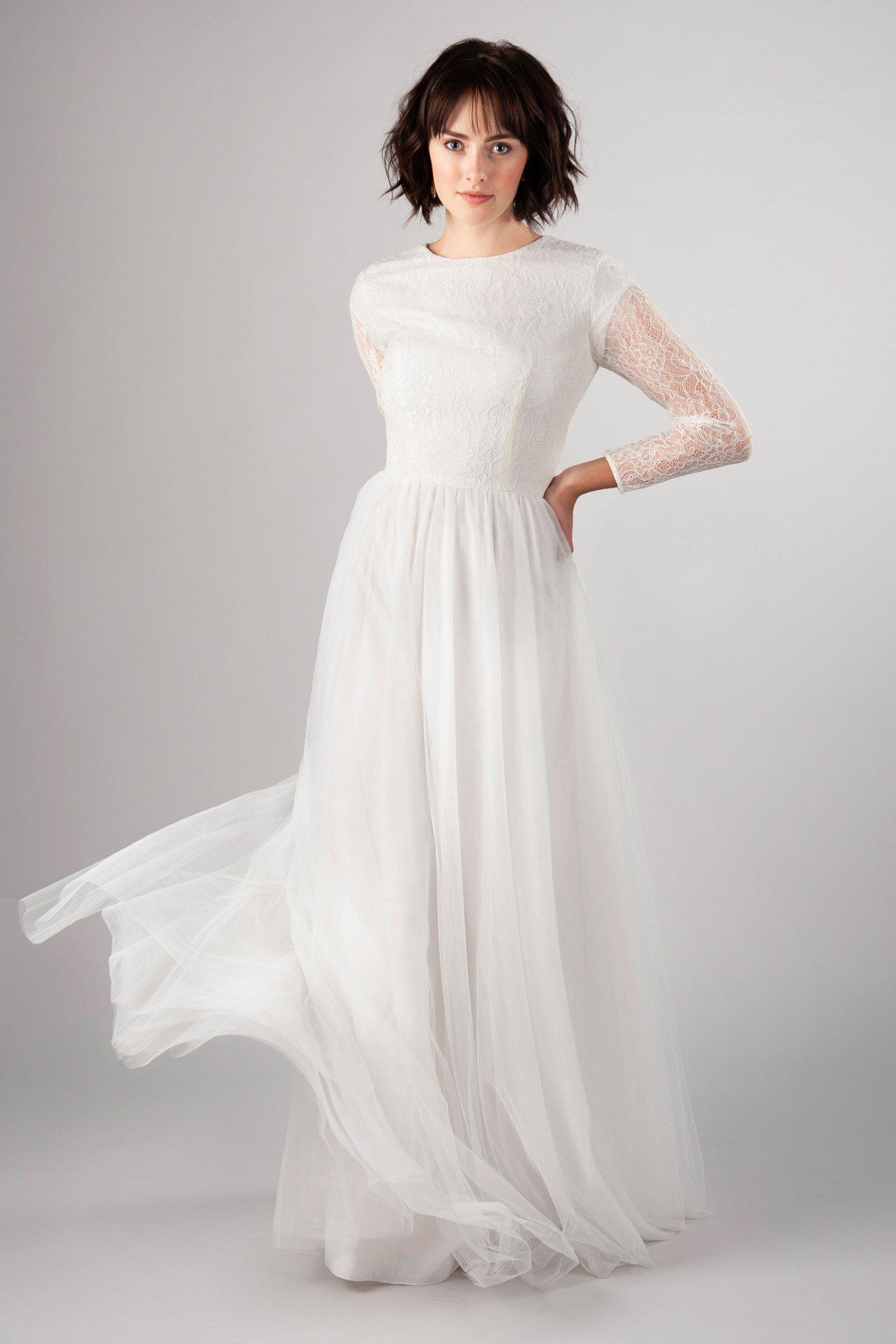 Light and flowy modest wedding gown, style Wisteria, is part of the Wedding Collection of LatterDayBride, a Utah Wedding Shop. 