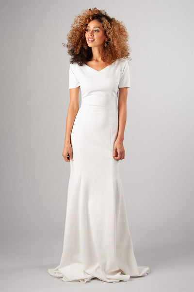 imple lines, darling sleeve and the freeing stretch of this fabric, modest wedding dress, utah wedding gowns, front view 