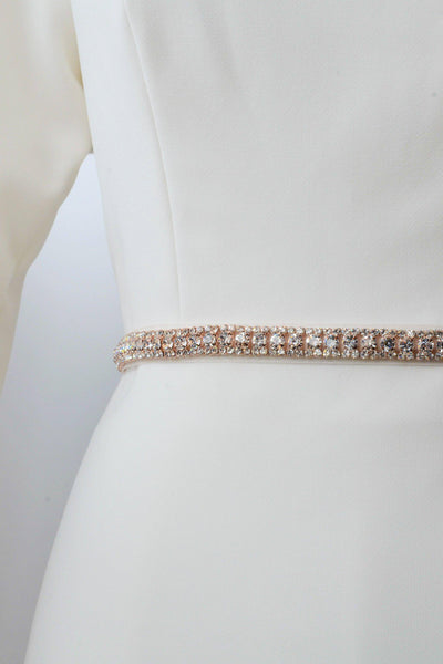 Rose gold metal belt with a minimal look accented with crystals from bridal shop in salt lake city utah