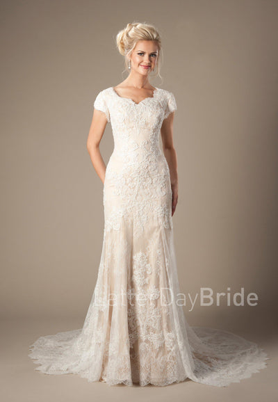 Mermaid silhouette wedding gown with soft lace overlay, style Josephine, is part of the Wedding Collection of LatterDayBride, a Salt Lake City bridal shop.