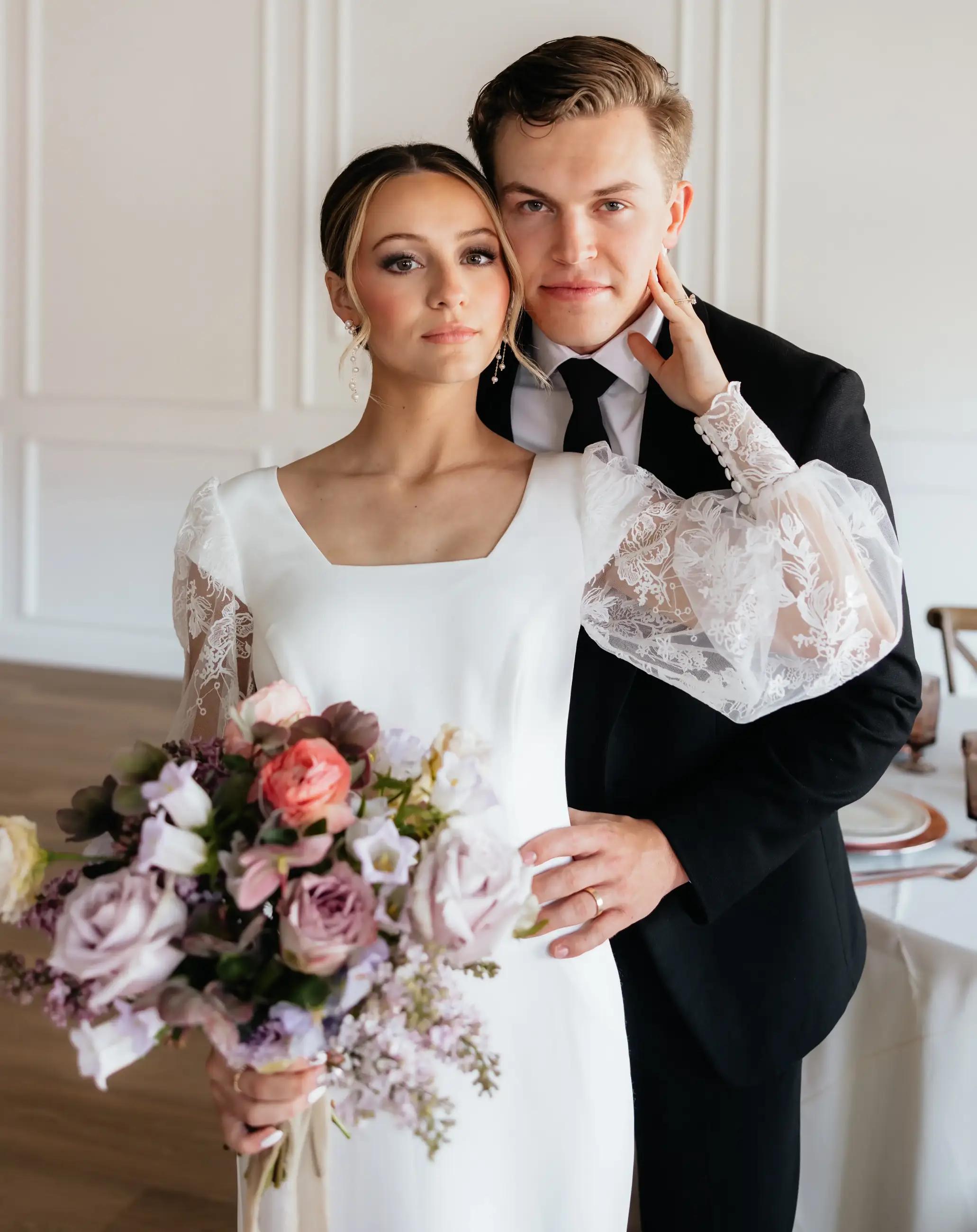 Photo of the model wearing a white gown