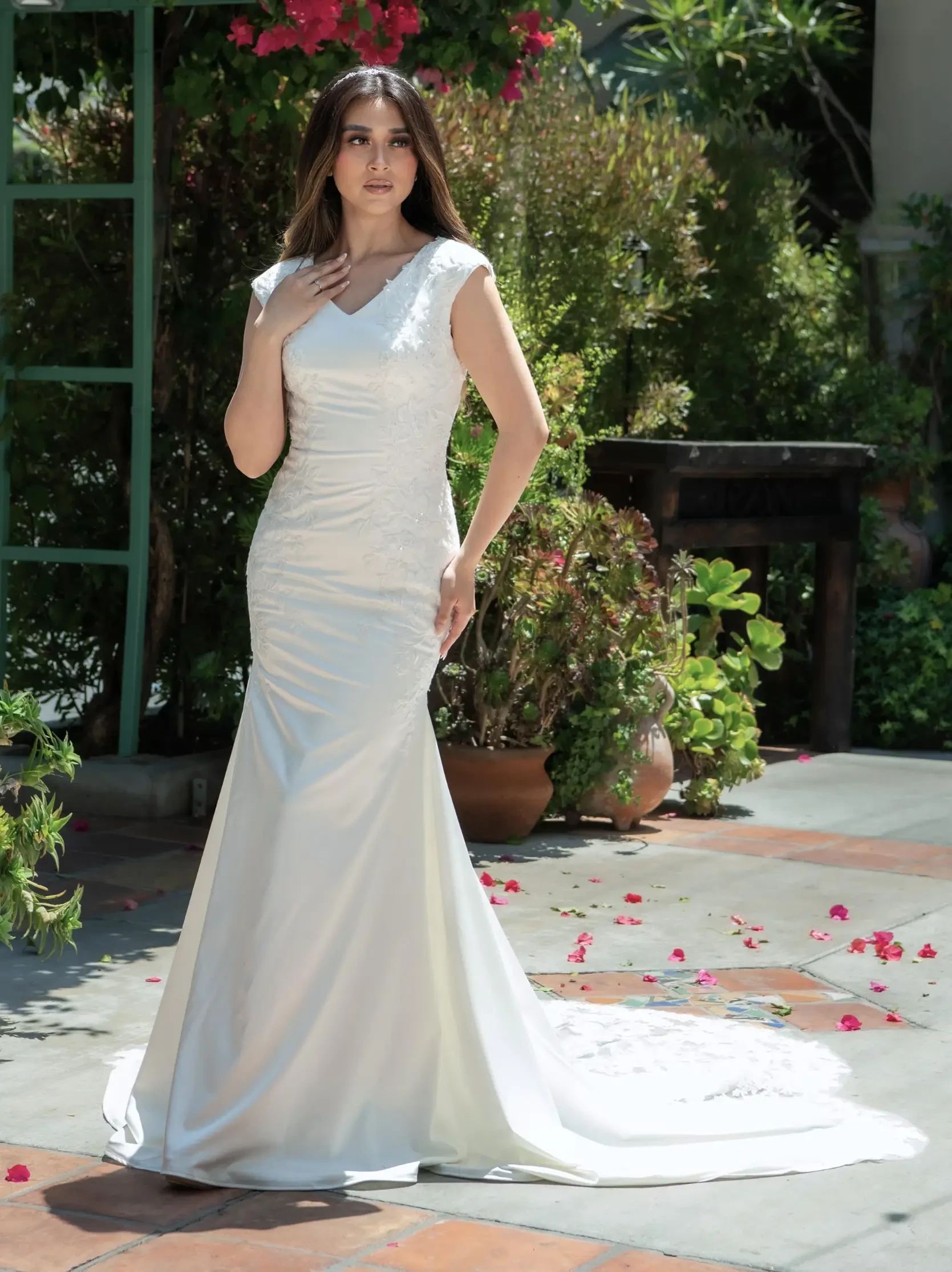 Model wearing a Fit-N-Flare gown