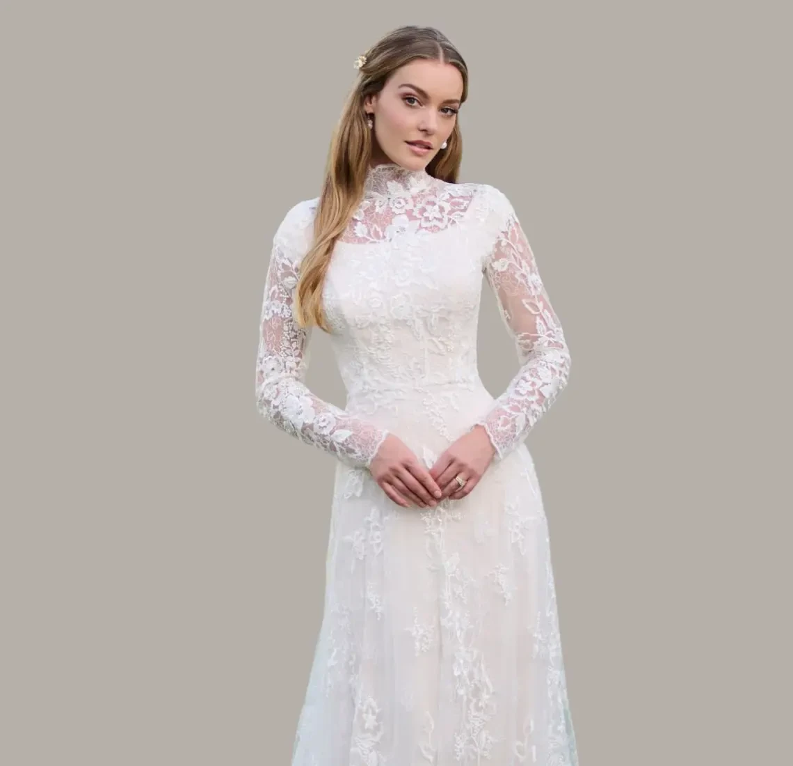 Model wearing an Modest Couture $2000+ gown