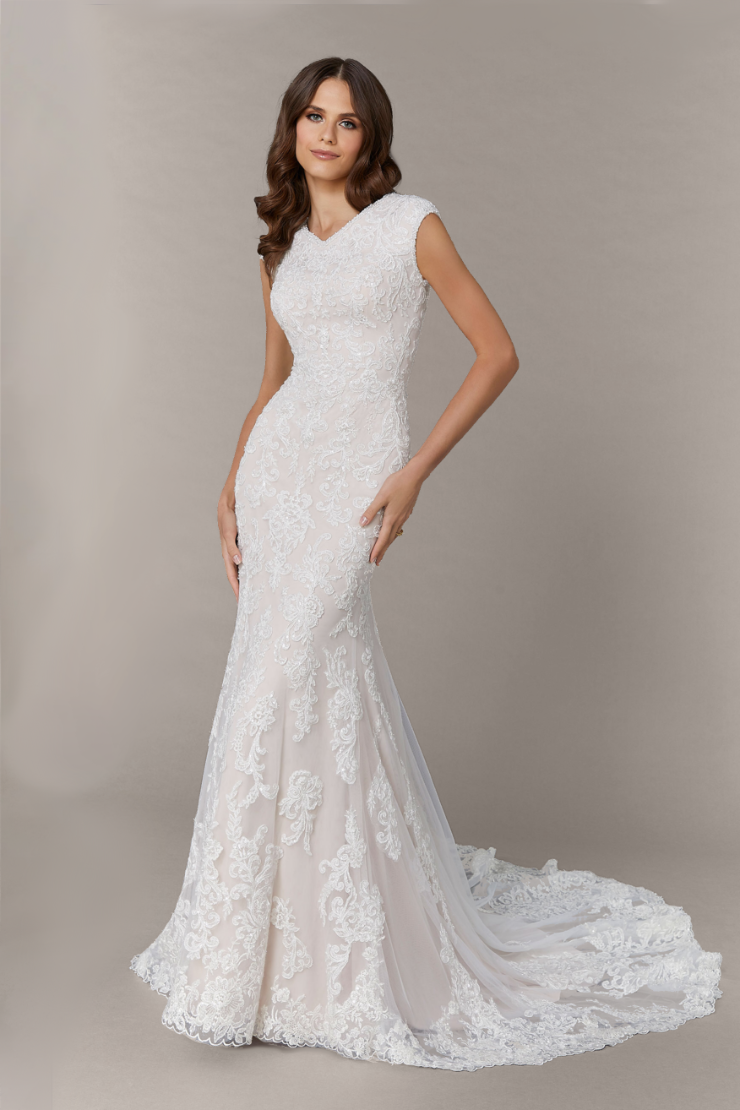 chinese dress ladies Davinci Bridal 50678 Fitted Beaded Lace Mermaid Wedding Dress Sheer Bridal Gown 16 / Ivory/Latte