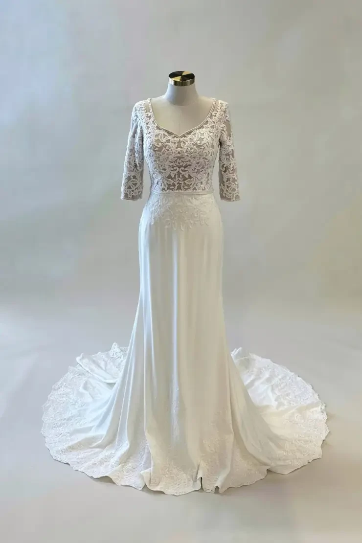 jodi kristopher lace a line dress Satin A-line V-neck V Back 3/4 Sleeves Boho Wedding Dress with Lace,MW   Musebridals