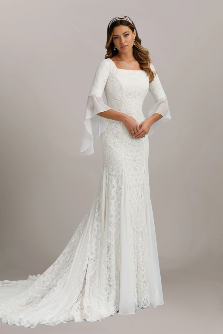 sachin and babi light blue dress Luxury Champagne Satin Appliques 3/4 Sleeve Bridal Gown main image 0