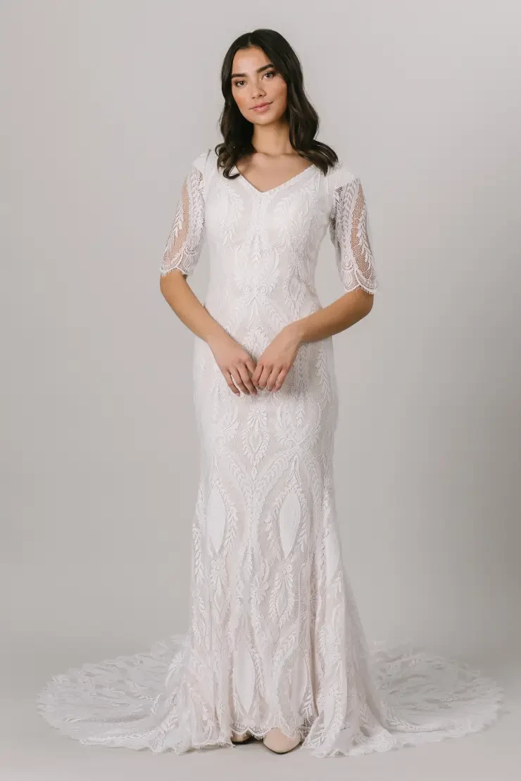 white christmas dresses 3/4 Sleeve See Through Backless Lace Chiffon Wedding Dresses WD291 US0 / Custom Color