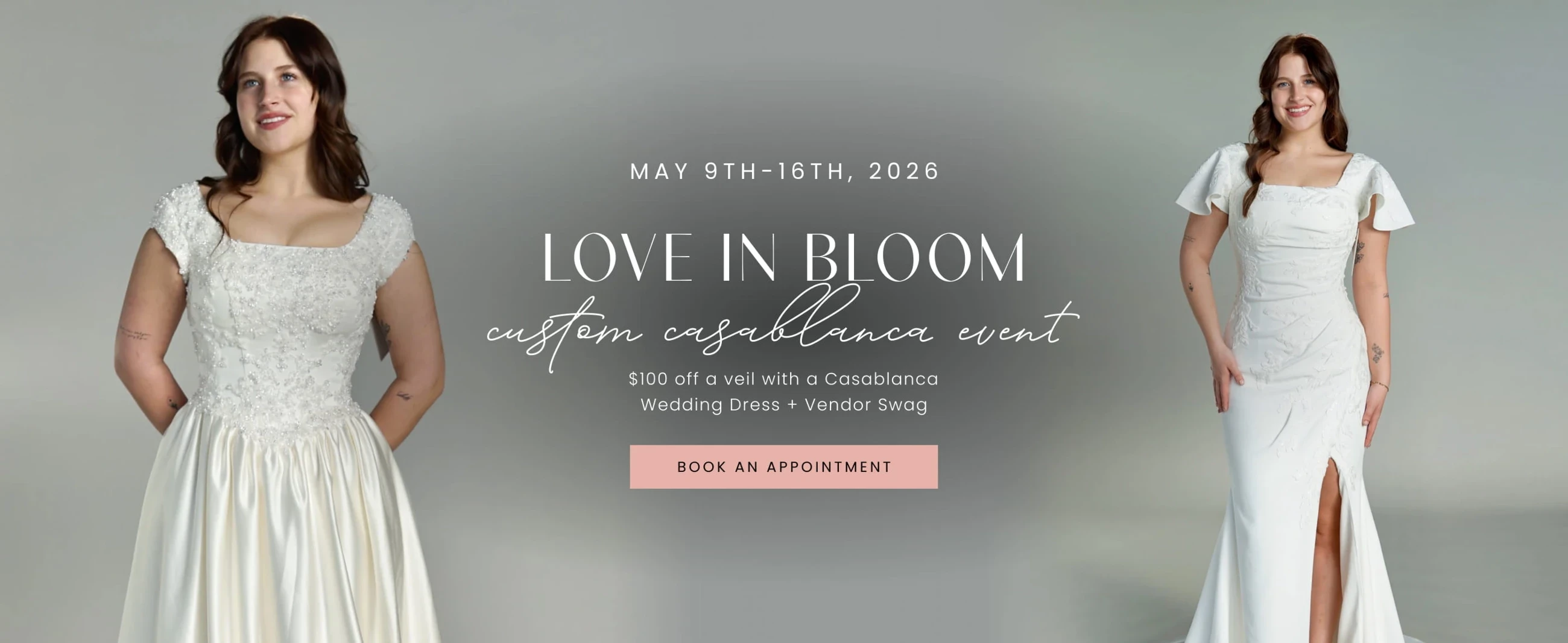 Models wearing bridal gowns, Love in Bloom Casablanca event desktop banner
