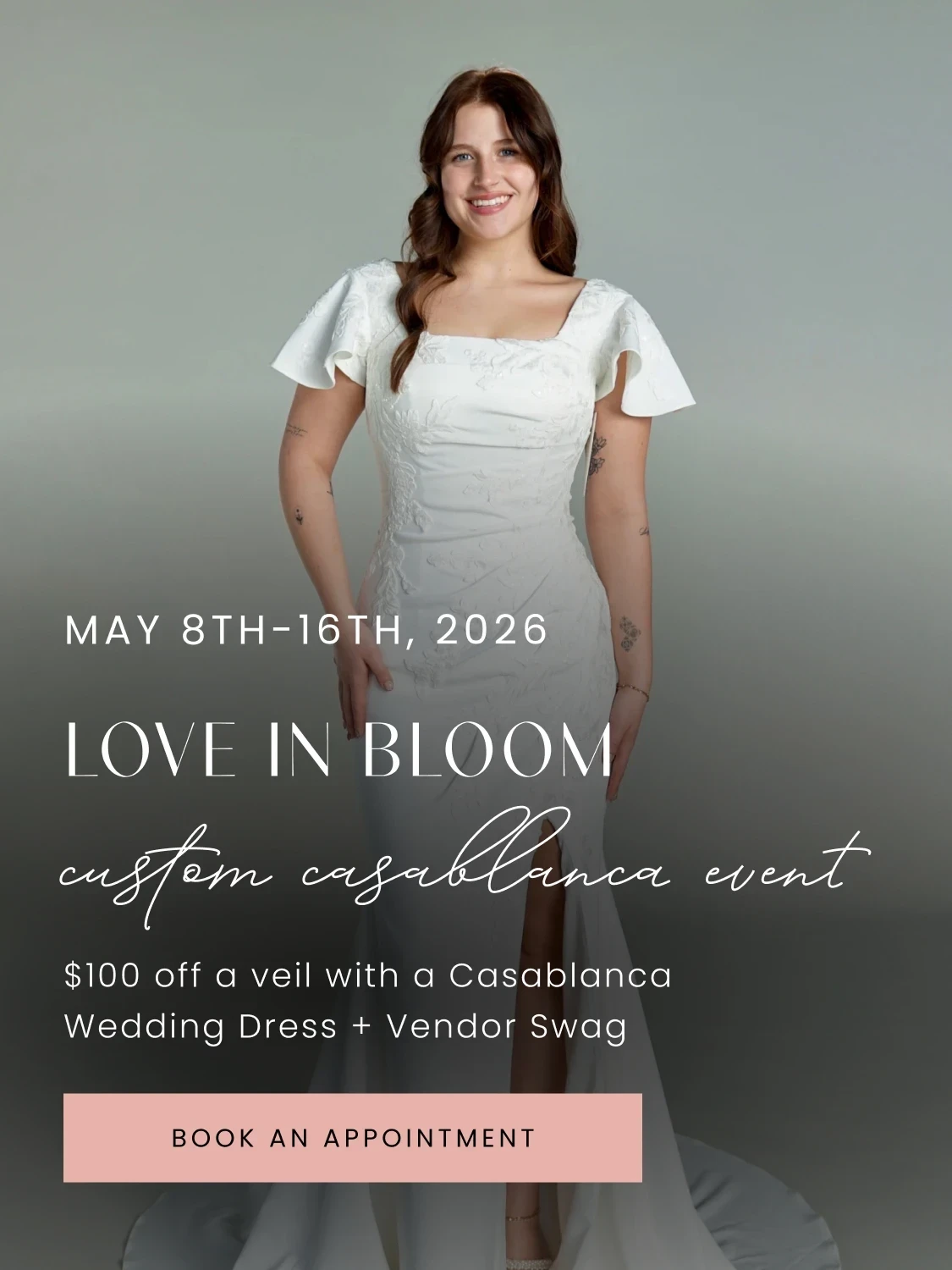 Model wearing bridal gown, Love in Bloom Casablanca event mobile banner